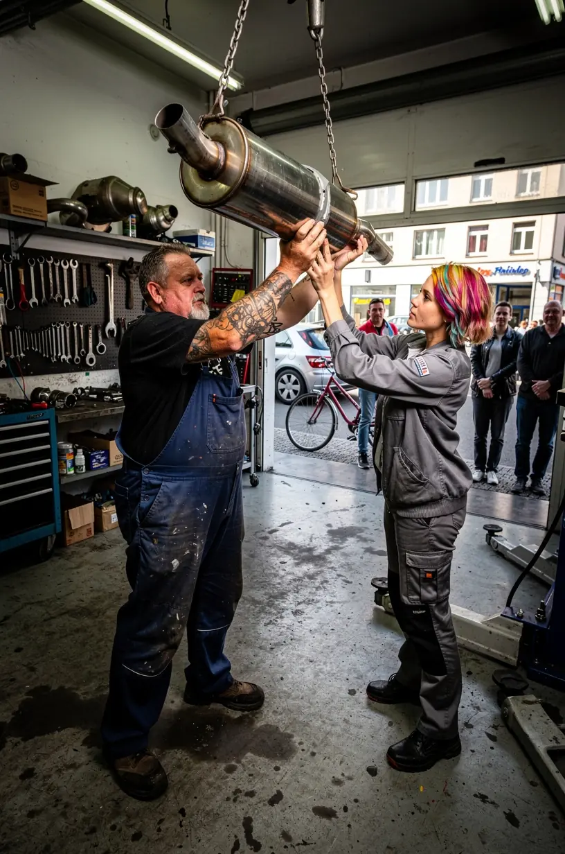 Mitarbeiter erklärt Kunden die Bedeutung regelmäßiger Wartung der Abgasanlage für Umwelt und Sicherheit.