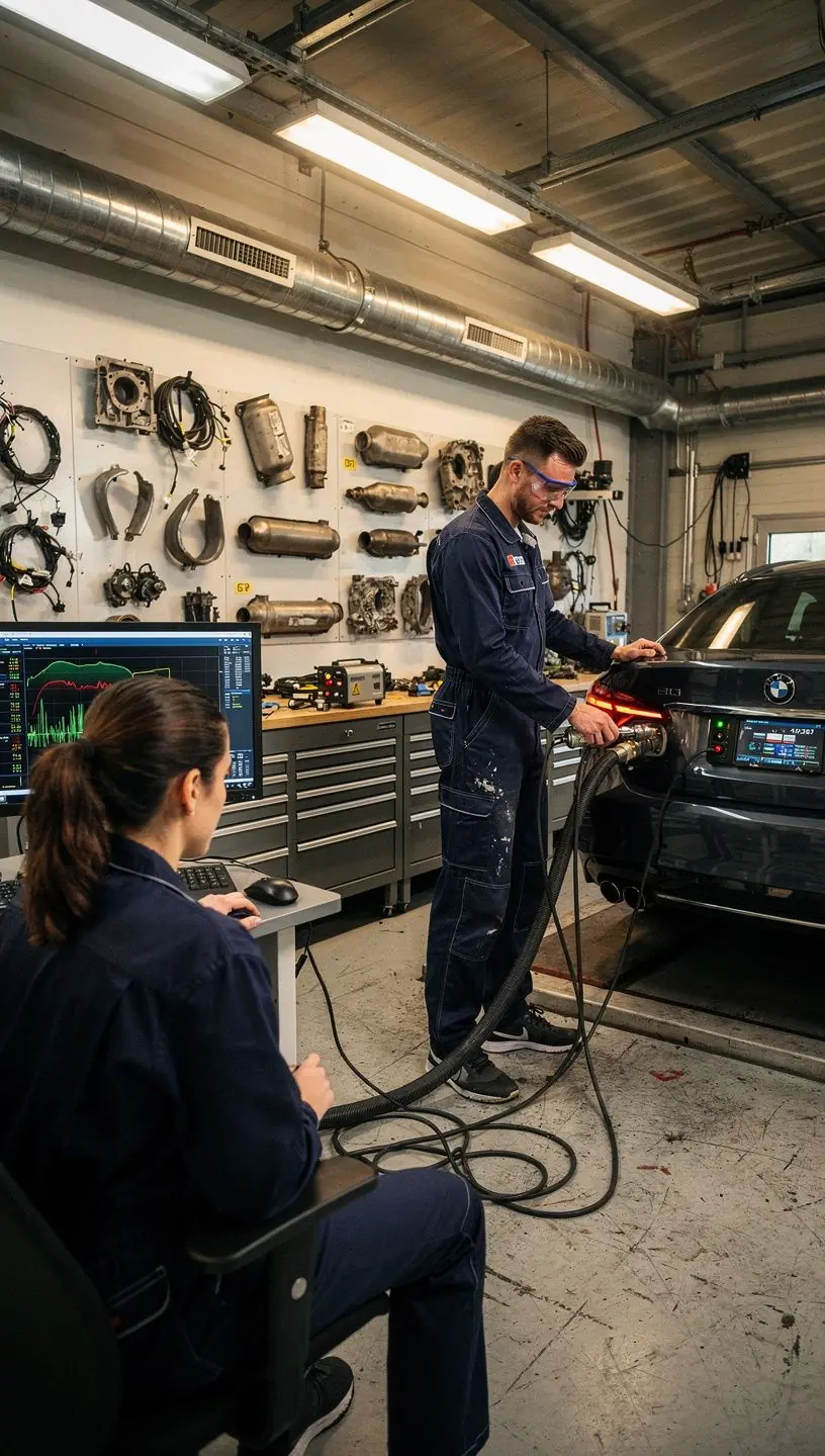 Techniker installiert neuen Schalldämpfer an einem Pkw, um Lärm- und Emissionswerte zu senken.